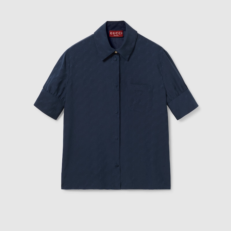 Gucci Gg And Chain Silk Jacquard Shirt In Blue