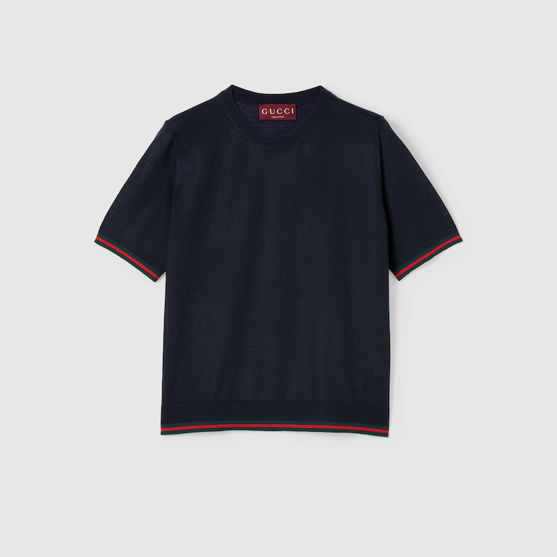 Gucci Blue T-shirt With Web Detail On The Edges In Cashmere And Silk Blend Woman In Blue