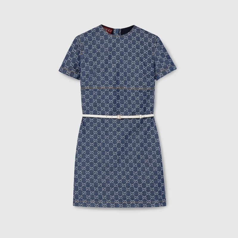 Gucci Fitted Blue Cotton Dress With Contrast Belt In Blue