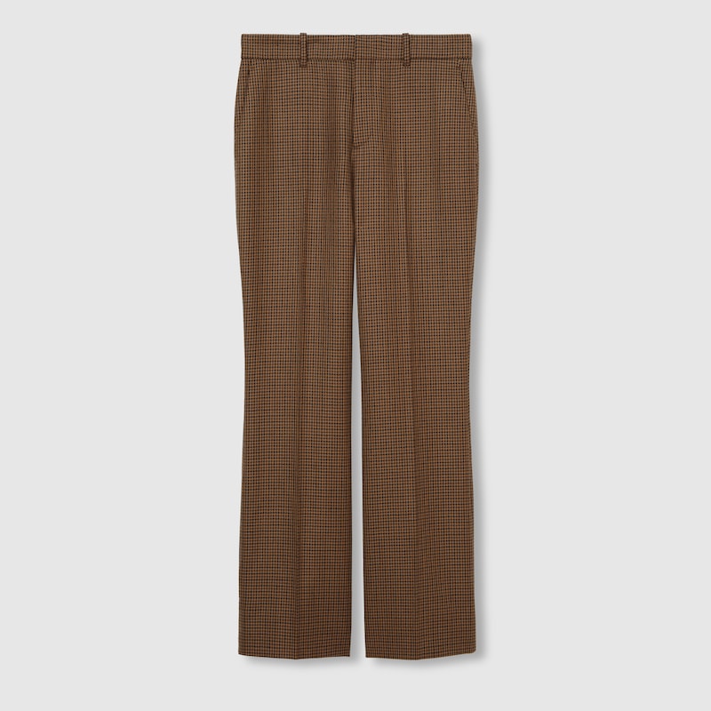 Gucci Embroidered Houndstooth Wool Pants In Brown