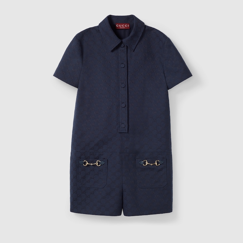 Gucci Gg Canvas Jumpsuit With Horsebit In Blue