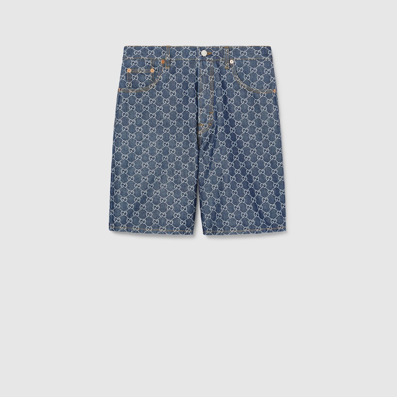 Gucci Low Waist Gg Denim Jacquard Shorts In Blue