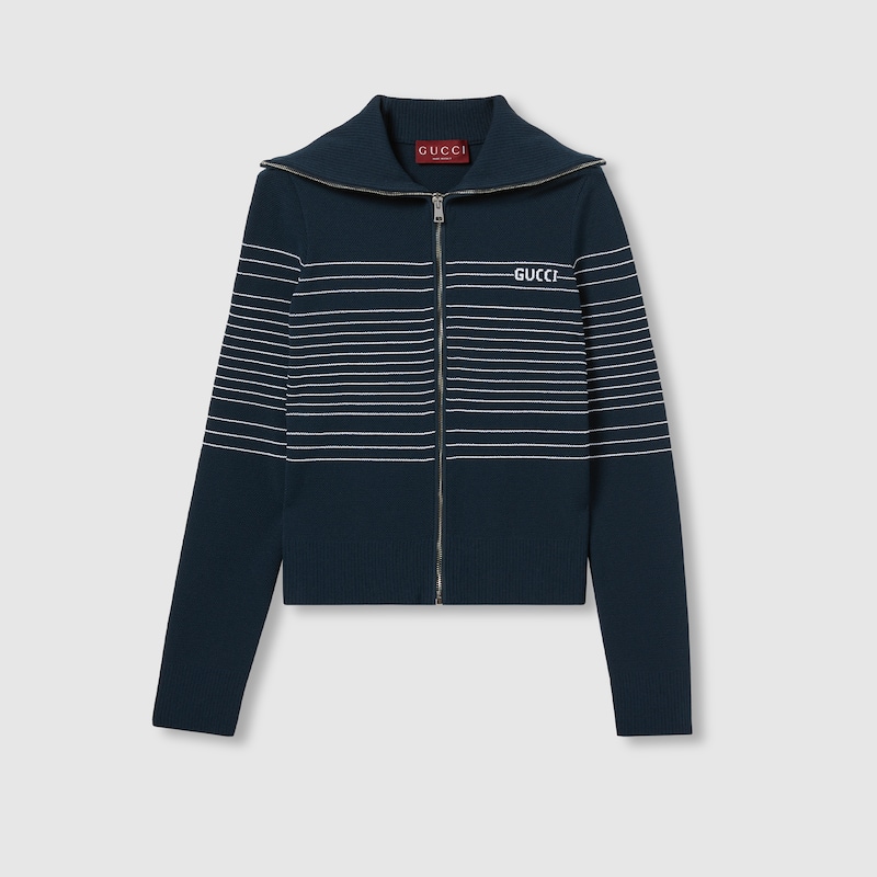 Gucci Fabric Polo Jacket With Intarsia In Blue