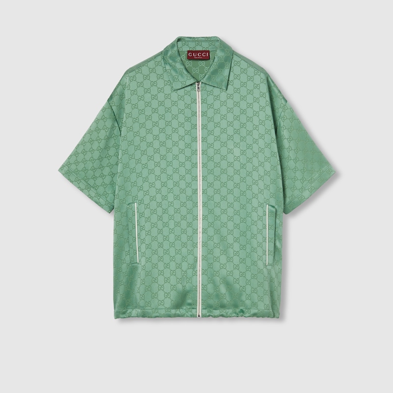 Gucci Relaxed Fit Gg Satin Zip Shirt In Green