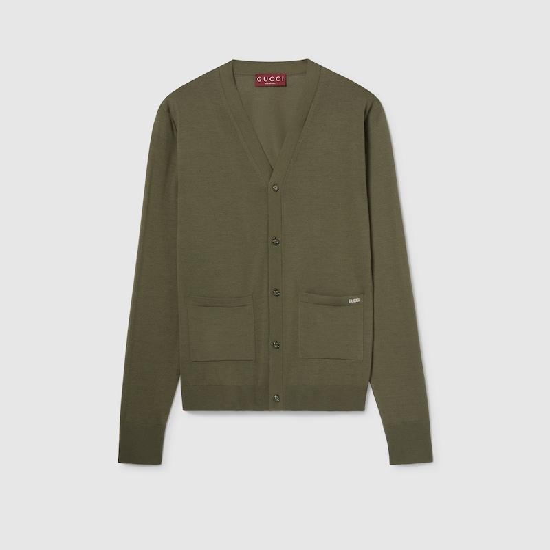 Gucci Fine Wool Knit Cardigan With Intarsia In Green