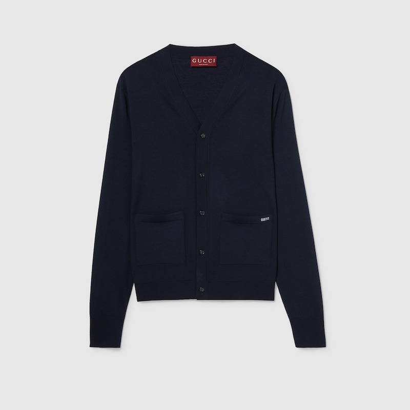 Gucci Fine Wool Knit Cardigan With Intarsia In Blue