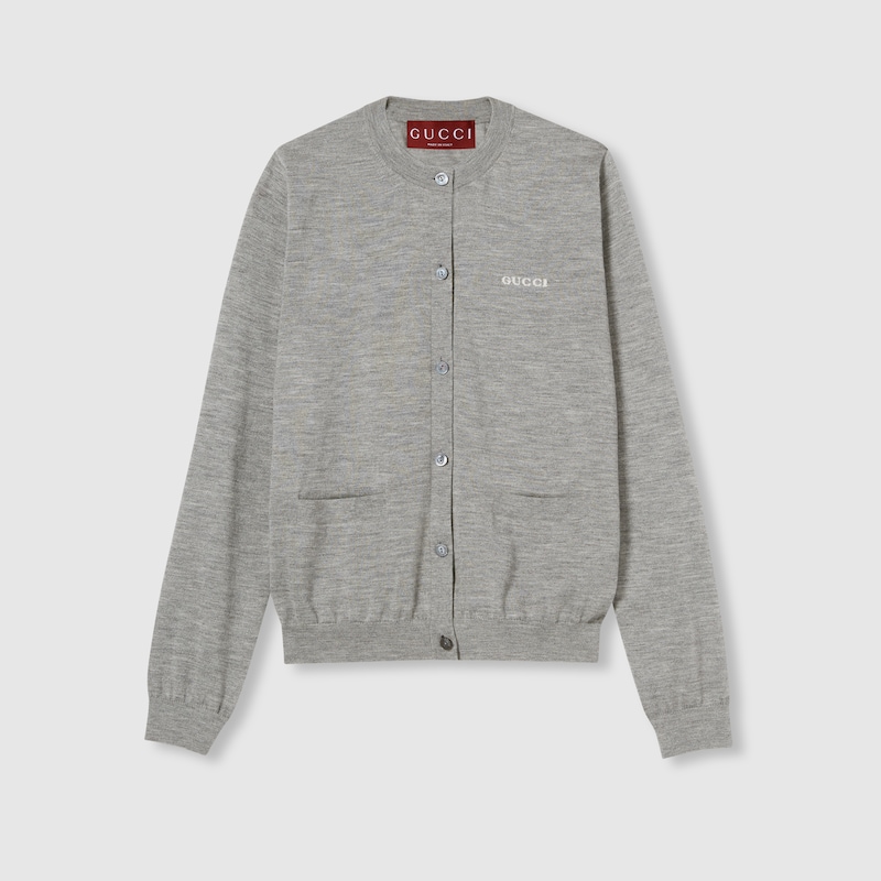 Gucci Grey Cardigan With Round Neck And Logo Lettering Embroidery On The Front In Cashmere And Silk Woman In Gray