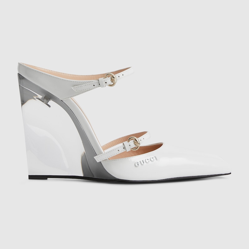 Gucci Christy Glossed-leather Wedge Mules In White