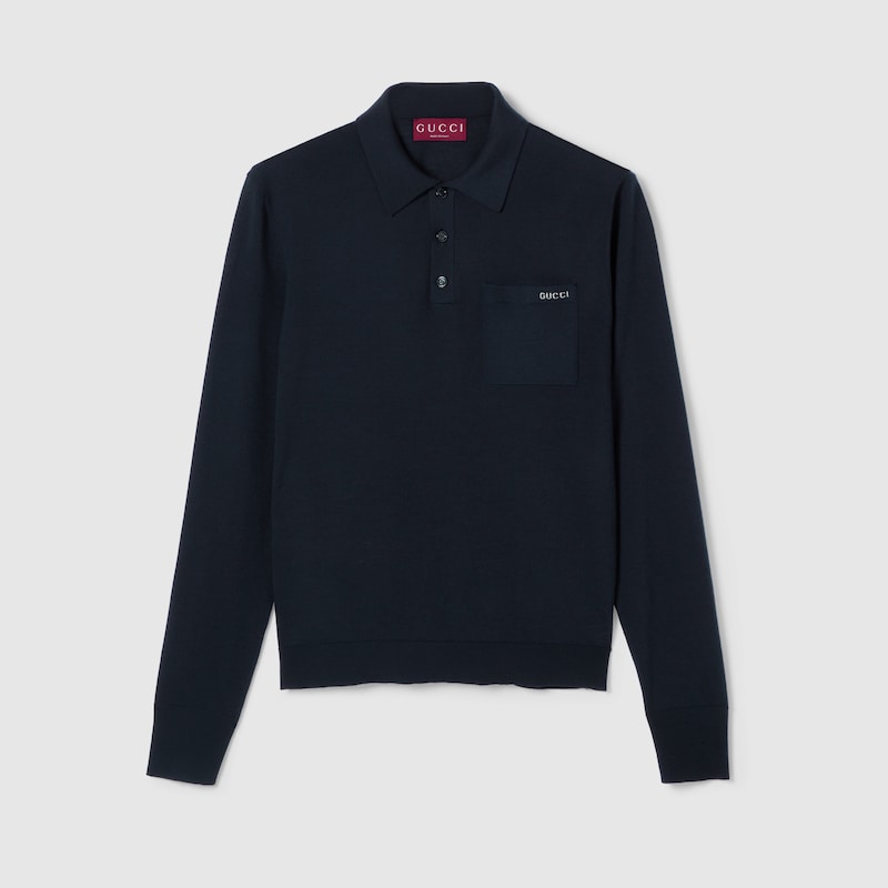 Gucci Fine Wool Knit Polo Top With Intarsia In Black