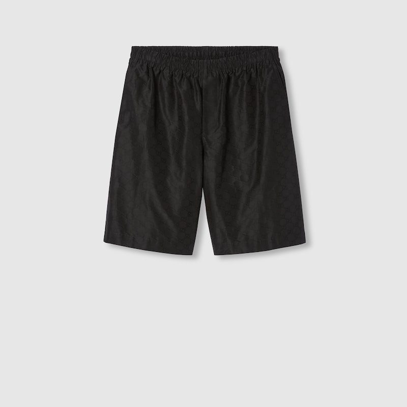 Gucci Cotton And Silk Bermuda Shorts With Allover Gg Logo In Black