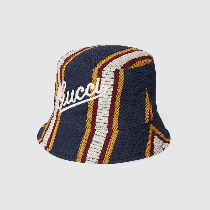 Gucci Striped Canvas Bucket Hat With Embroidery In Blue