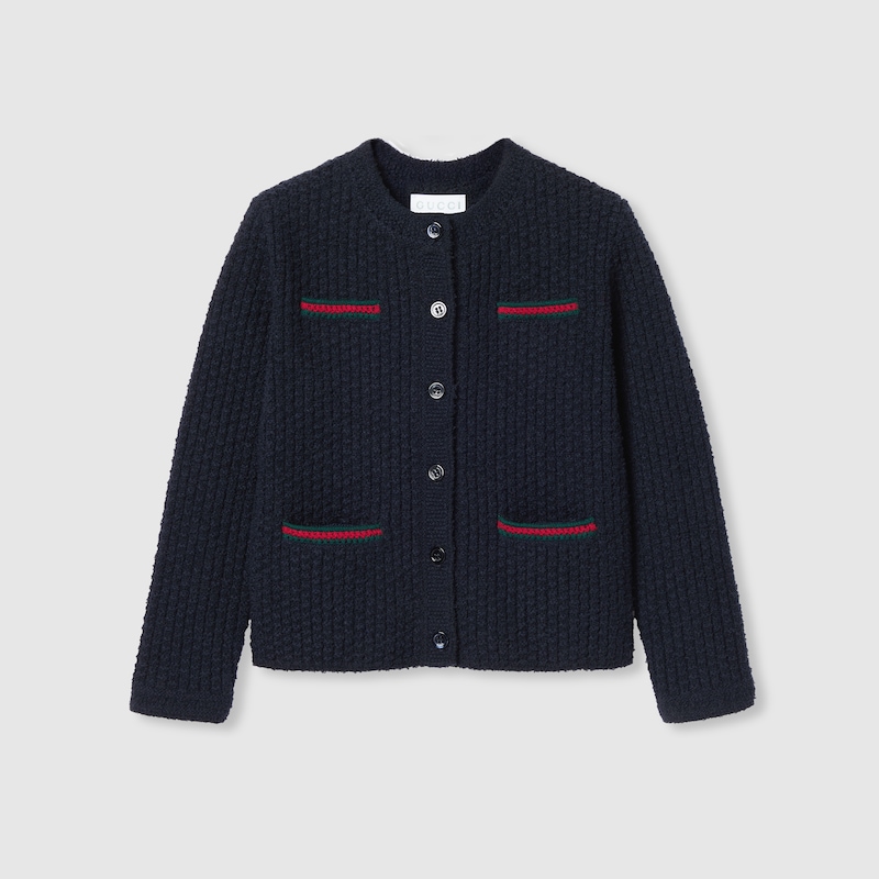 Gucci Wool Cardigan With Web In Blue