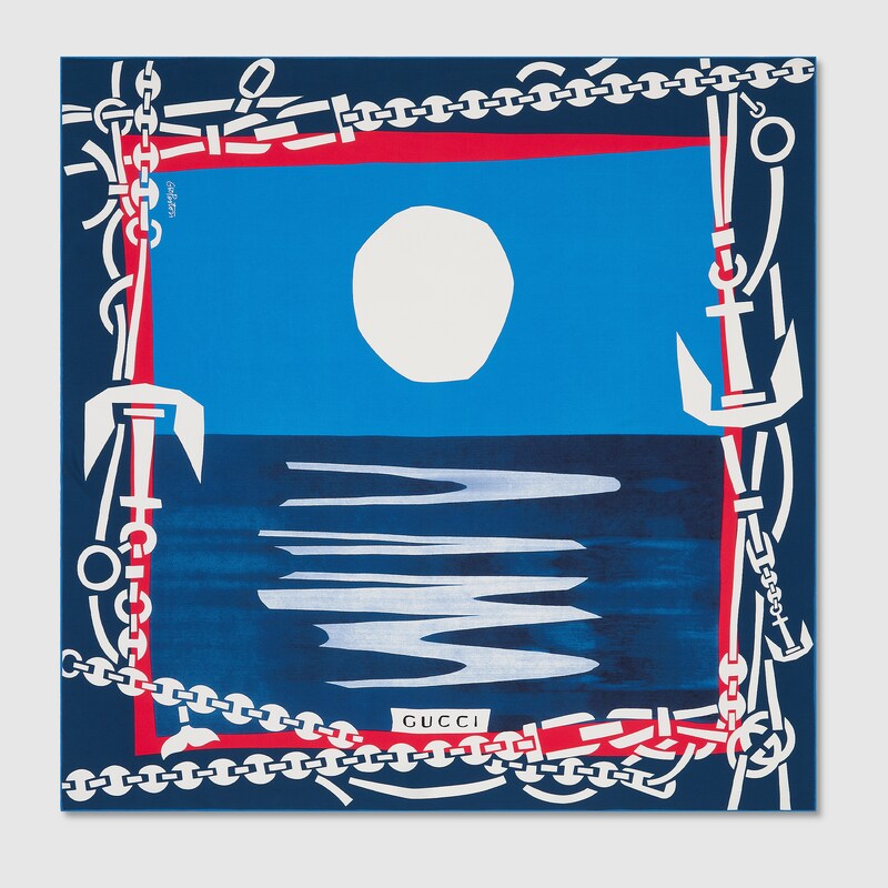 Gucci 90 X 90 Project Printed Silk Carré In Blue