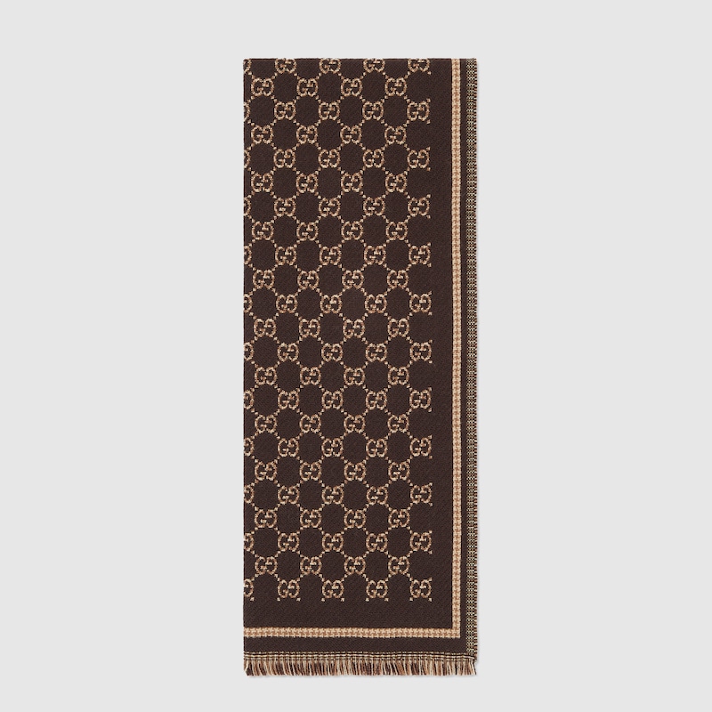 Gucci Gg Wool Jacquard Scarf In Brown