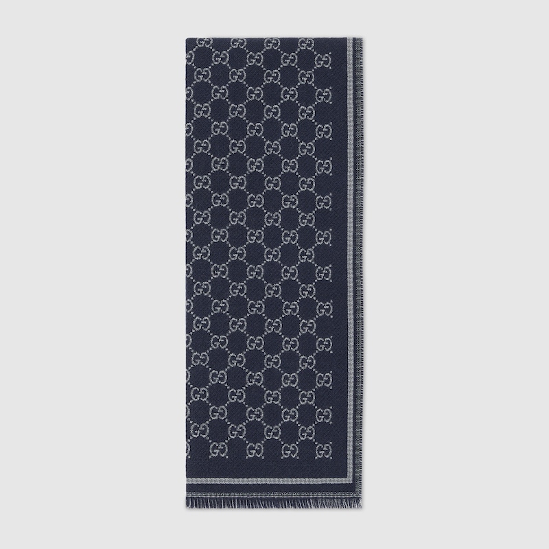Gucci Gg Wool Jacquard Scarf In Blue