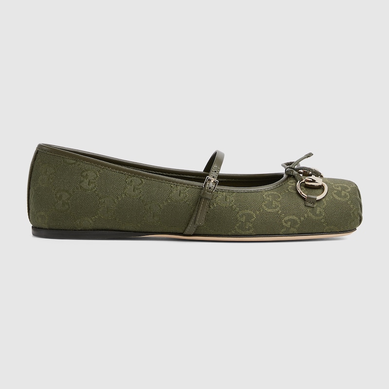 Gucci Canvas Gg Horsebit Ballerina Flats In Green
