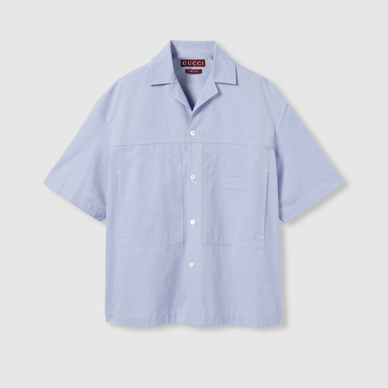 Gucci Oxford Cotton Shirt With Embossed Label In Blue