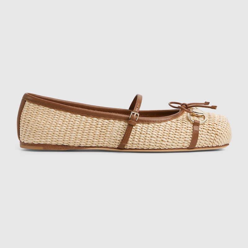 Gucci Horsebit Raffia Ballet Flats