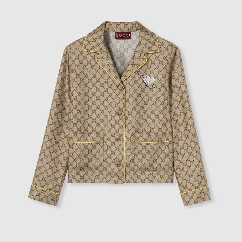 Gucci Gg Silk Twill Shirt With Print In Beige