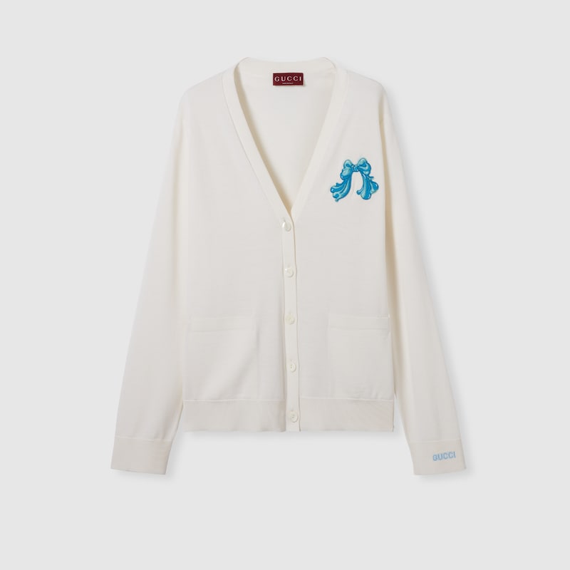 Gucci Extra Fine Wool Cardigan With Patch In White
