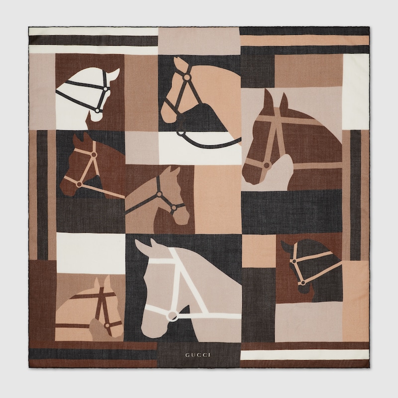 Gucci Cashmere Shawl With Equestrian Motif In Brown