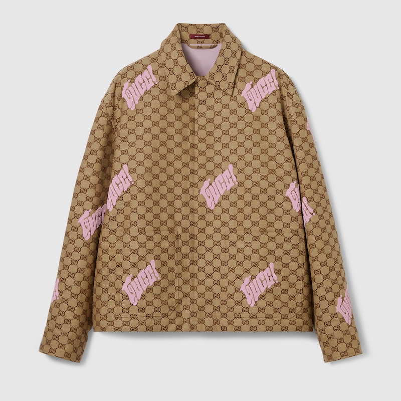 Gucci Embroidered Canvas Linen Blend Jacket In Brown
