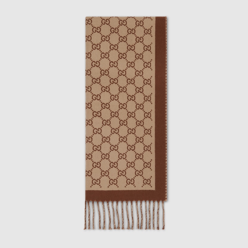Gucci Gg-pattern Wool Scarf In Brown