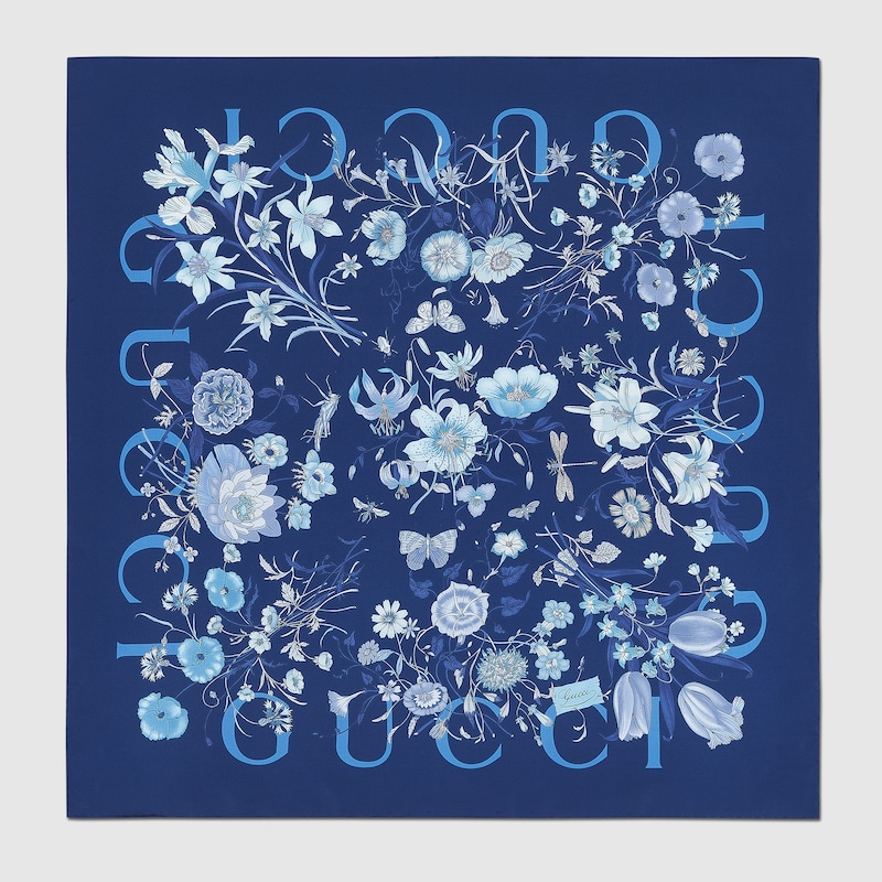 Gucci Printed Silk Twill Carré In Blue