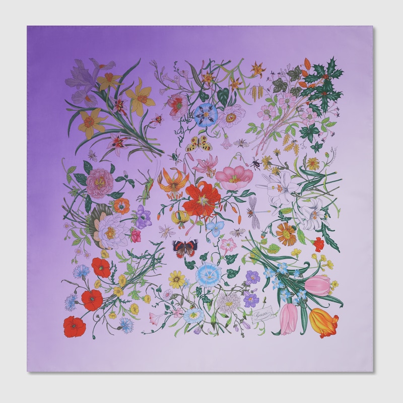 Gucci Floral Silk Twill Scarf In Purple