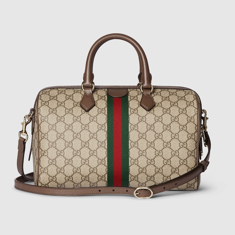 OPHIDIA LARGE BOSTON BAG 31 IN BEIGE AND BLUE GG CALFSKIN