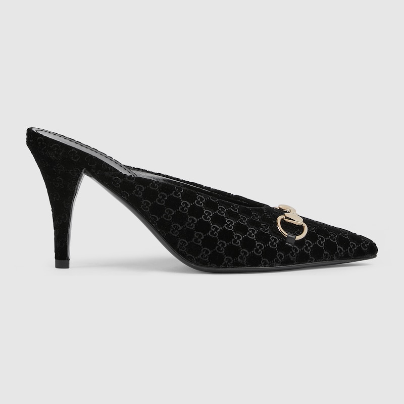 Gucci Horsebit Gg Velvet Mules In Black