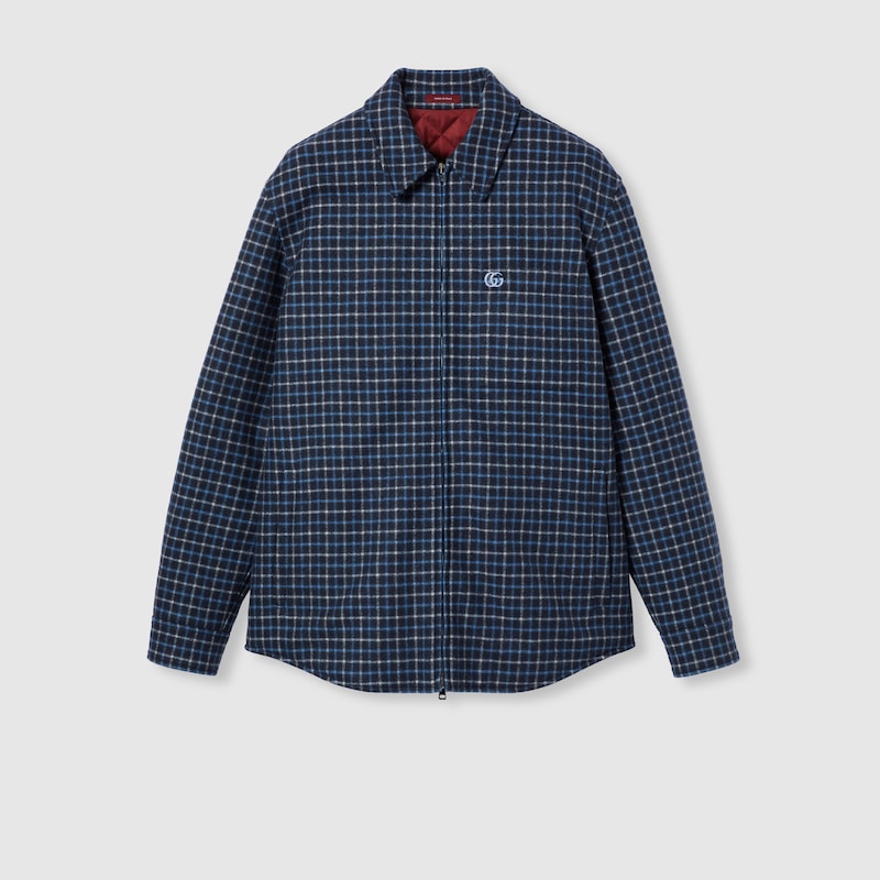 Gucci Wool Flannel Zip Jacket With Embroidery In Blue