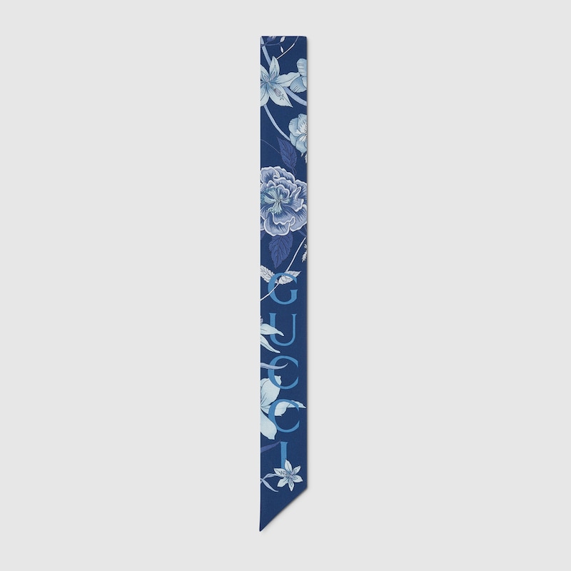 Gucci Printed Silk Twill Neck Bow In Blue