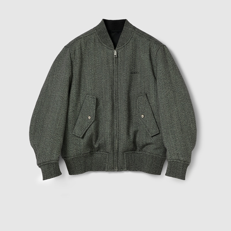 Gucci Herringbone Wool Mouliné Bomber Jacket In Gray