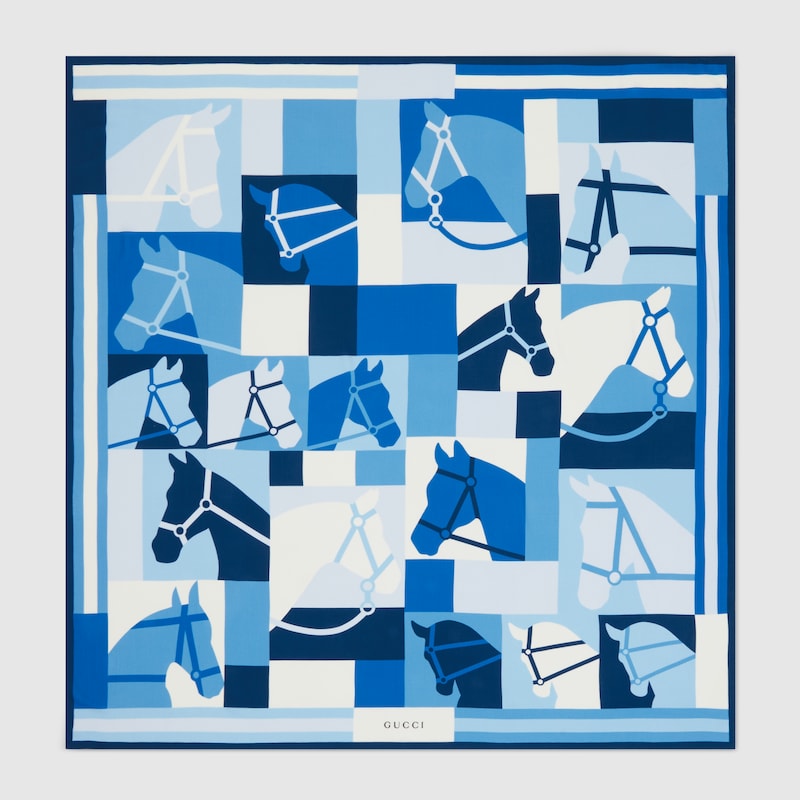 Gucci Wool Shawl With Equestrian Motif In Blue