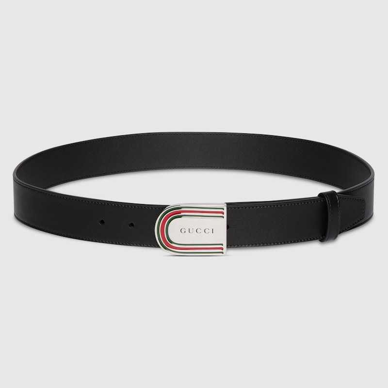 Gucci Belt With Enameled Web Detail Buckle In Black