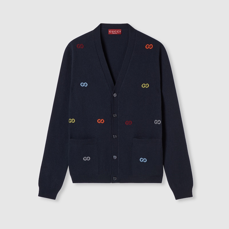 Gucci Fine Cashmere Cardigan With Intarsia In Blue