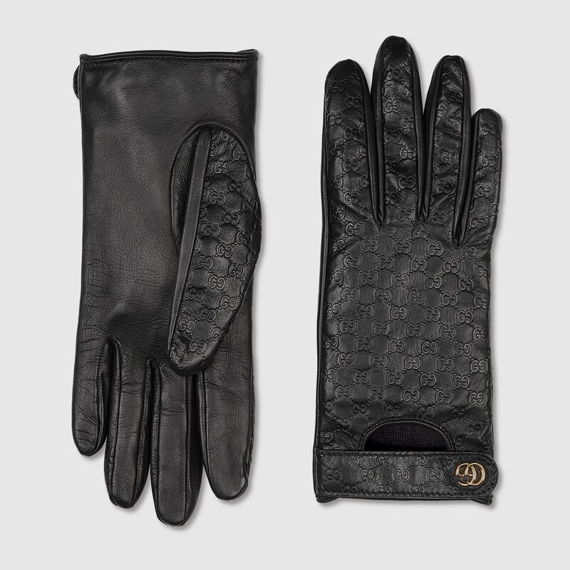 Gucci Gg Leather Gloves With Double G In Black