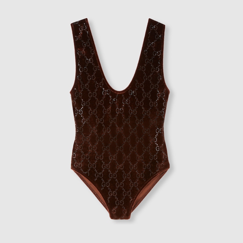Gucci Crystal Embroidered Bodysuit Scoop Neckline In Brown
