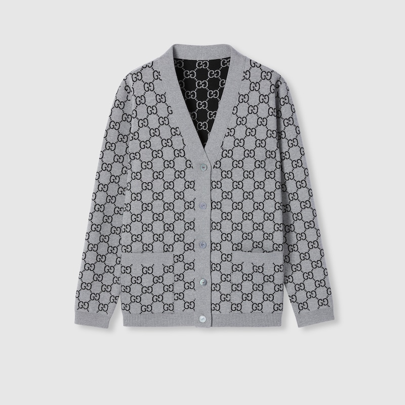 Gucci Wool Jacquard Cardigan With Gg Shadow In Gray