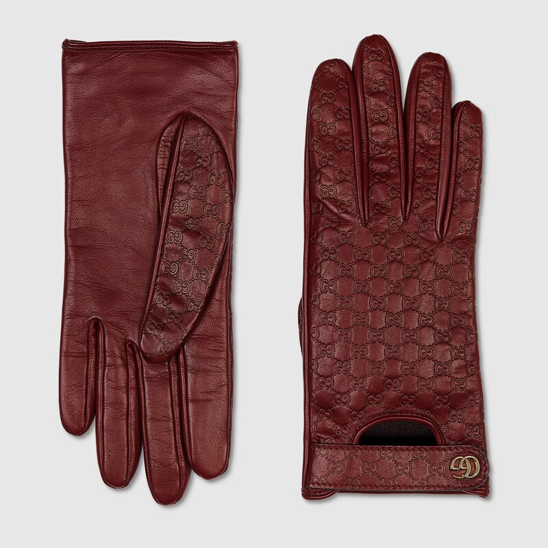 Gucci Gg Leather Gloves With Double G In Burgundy