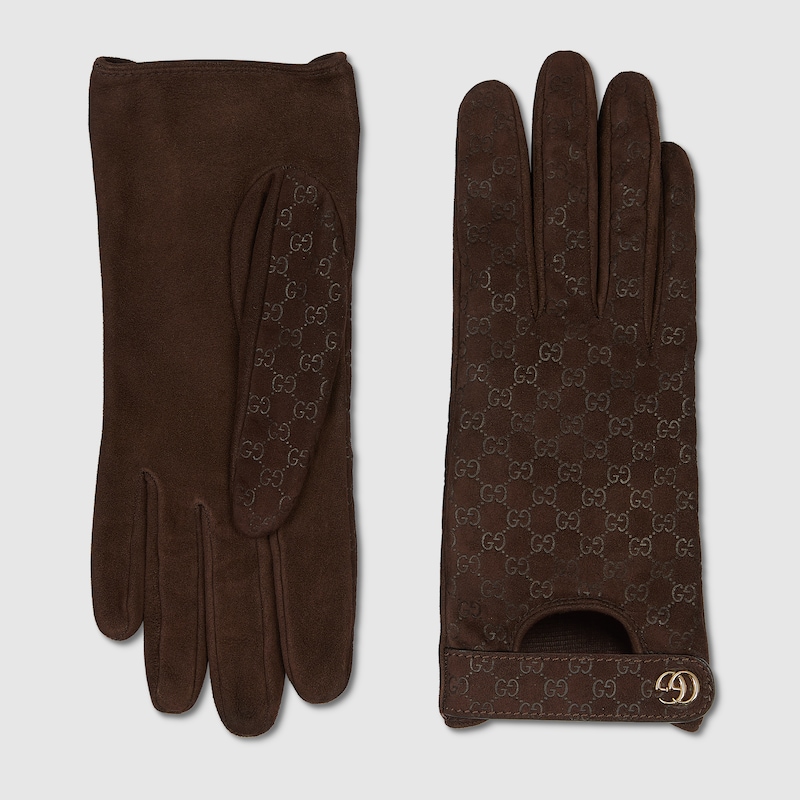 Gucci Gg Leather Gloves With Double G In Brown