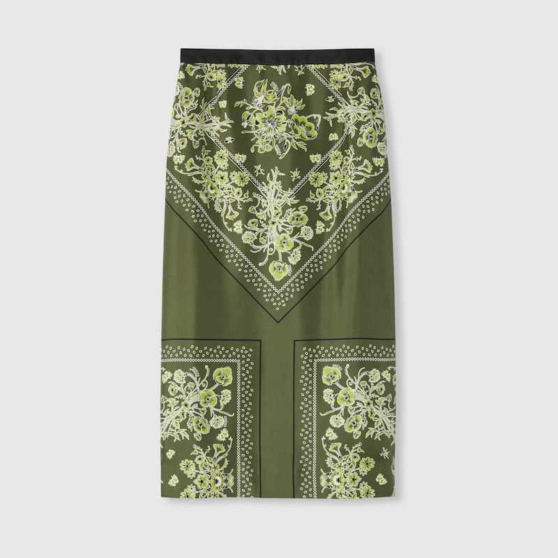 Gucci Printed Silk Twill Skirt In Green