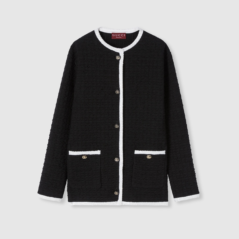 Gucci Tweed Wool Cardigan With Embroidery In Black