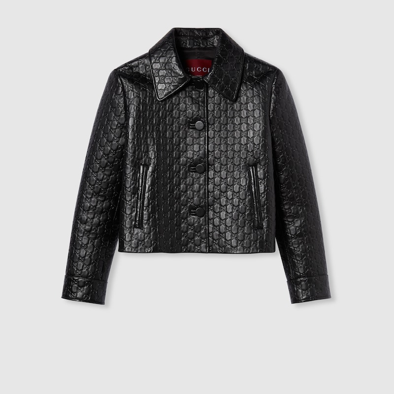 Gucci Embossed Gg Leather Jacket In Black