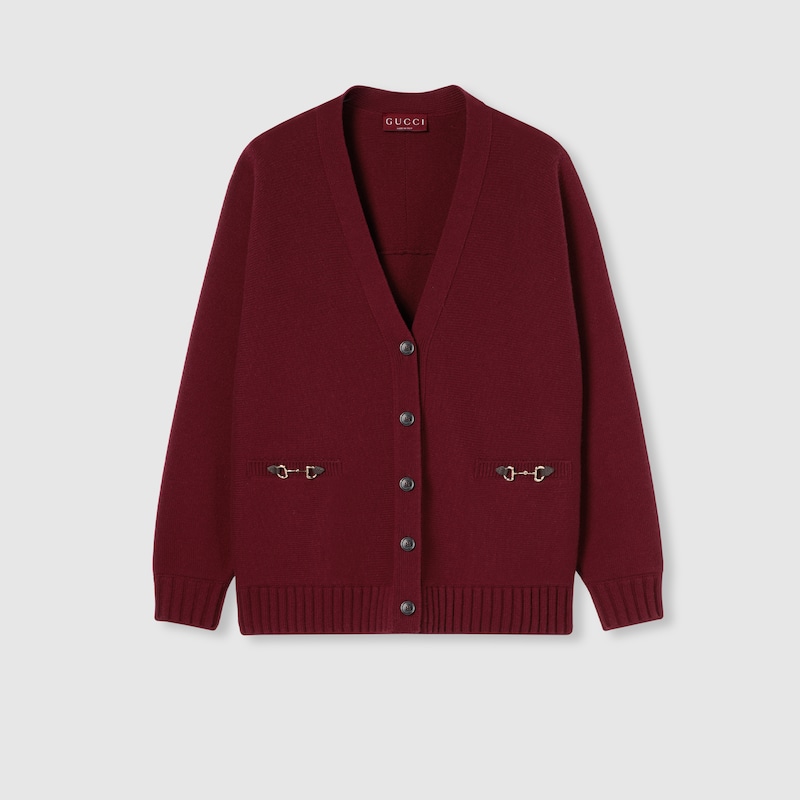 Gucci Cashmere Wool Cardigan With Horsebit In Burgundy