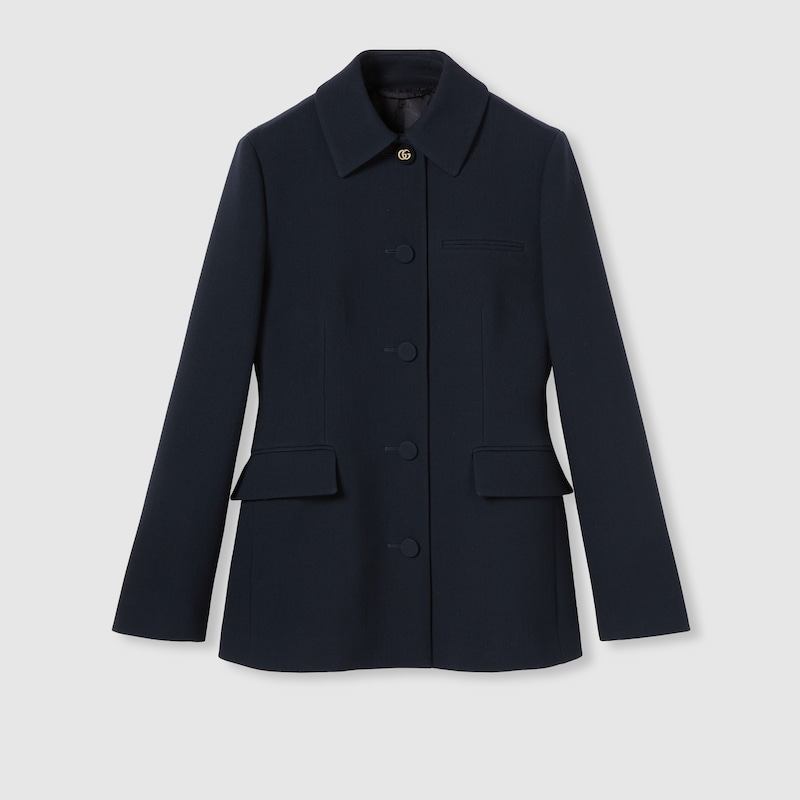 Gucci Black Jacket With Classic Collar And Belt With Double G Detail In Leather Woman In Blue