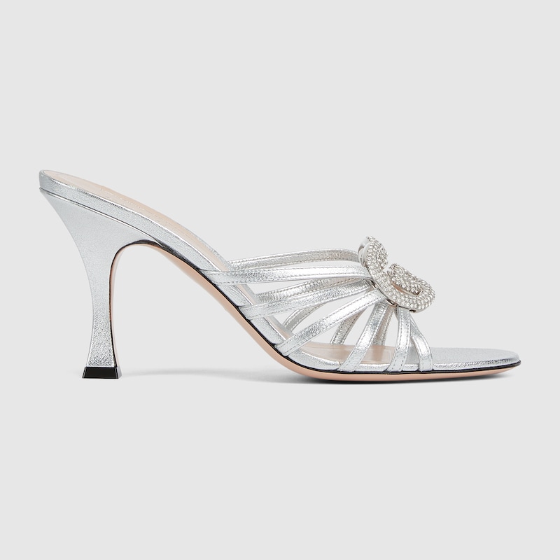 Gucci Women's Slide Sandal With Crystal Interlocking G In Silver