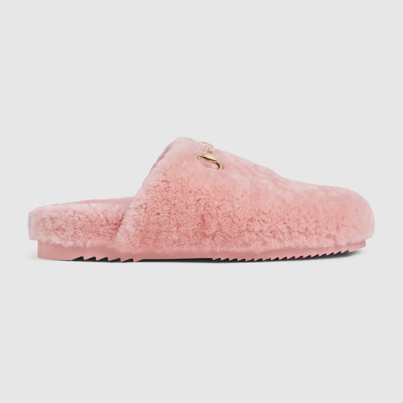 Gucci Horsebit Shearling Mules In Pink