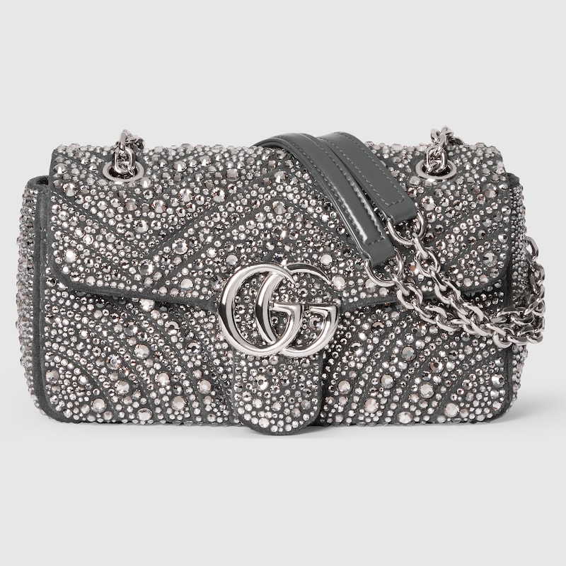 Gucci Gg Marmont Crystals Small Shoulder Bag In Gray